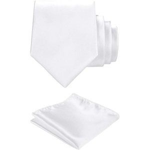 Solid White Tie Satin Color Formal Necktie and Pocket Square Sets in Gift Box